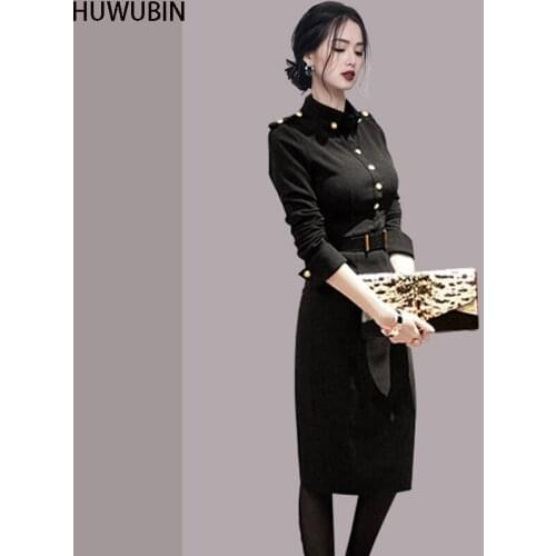 Autumn New High-End Temperament Long Sleeve Slim Dress Womens Dress Korean Commuter Ol Professional White Collar Mid Long Skirt