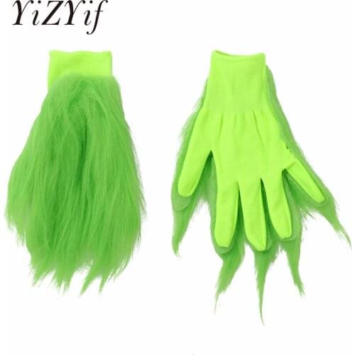 1 Pair Unisex Grinches Gloves Costume Gloves Funny Carnival Plush Green Gloves For Purim Deluxe Party Grinc Cosplay Gloves