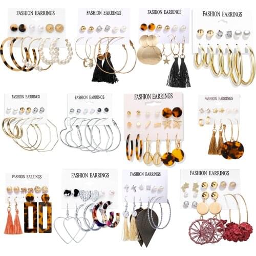 New Popular Gold 6Pcs/Set Long Tassel Earring Zircon Pearl Circle Hoop Earrings Fashion Party Style Women Big Ear Hoop Jewelry