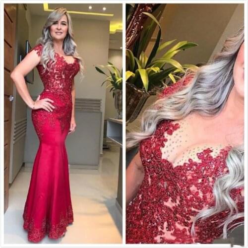 Sparkly Jewel Mermaid Lace Applique Beaded Crystals Short Sleeves Evening Dresses Beautiful Cocktail Pageant Gowns Custom Made