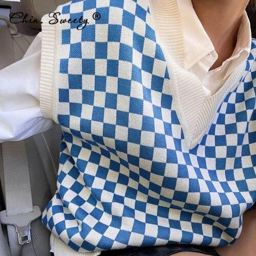 Knitted Womens Plaid Print Sweater Tanks 2021 Autumn New Sleeveless V-neck Basic All-match Vest Female Casual Fashion Clothes