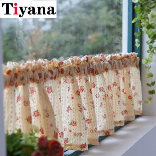 Pastoral Kitchen Curtains Beige Luxury Short Curtain with Print Flowers Door Coffee Half Curtain Window Decor Z