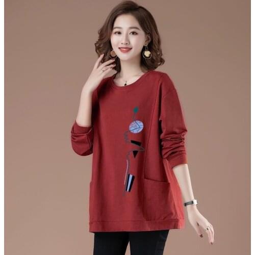 Women Hoodies 2021 Autumn New Long Sleeve O Neck Loose Sweatshirt Girls Pullovers Middle Aged Mother Cotton Print Tops 4XL Q49