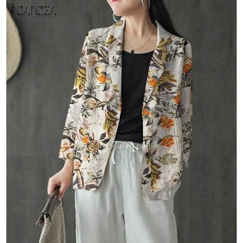 Oversized Women Autumn Blazer 2021 ZANZEA Kaftan Printed Coats Casual Long Sleeve Floral Outerwears Female Single Button Tunic