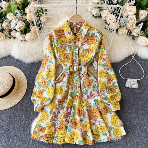 Muti-Color summer and autumn woman dress Turn Down Collar with belt loops Lantern Sleeves Casual holiday women dresses 2021