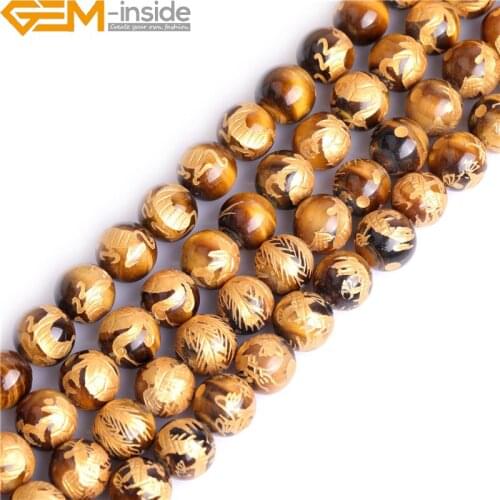 10-14mm Natural Gold Carved Dragon Turtle Tigers Phoenix Yellow Tiger Eye Beads For Jewelry Making 15'' DIY Father Gift