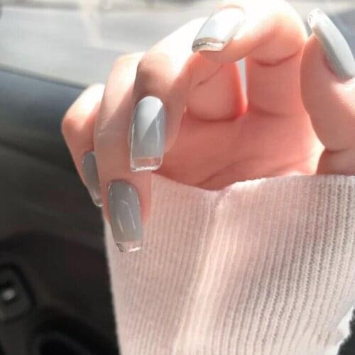 24pcs Haze Blue Gray Fake Nails Glue Type Removable Long Paragraph Square Head Fashion Manicure Fully Covered Nail Decoration