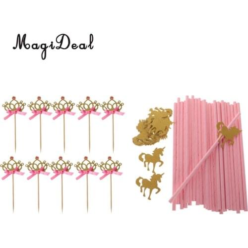 25xGold Glitter Unicorn Drinking Straw & 10xCrown Cake Cupcake Topper Picks