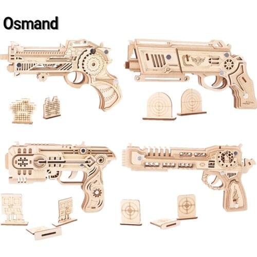 DIY 3D Wooden Puzzle Model Building Kits Hunting Wolf Running Fire Rubber Band Gun Jigsaw Educational Toy For Kids Xmas Gift