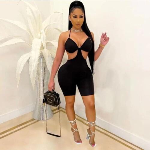 Women Solid Lace Up Halter Backless Jumpsuit Bra Top Shorts Romper Summer Beach Overalls Sexy Night Club Playsuits