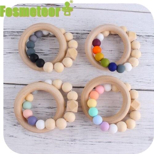 Fosmeteor BPA Free Wooden Ring Baby Teether Rainbow Silicone Beads Teether Bracelets Newborn Teething Toys Rodent Molar Toys