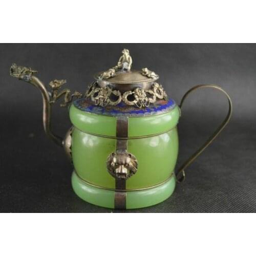 Chinese handwork old green jade bracelet inlay tibet-silver dragon teapot