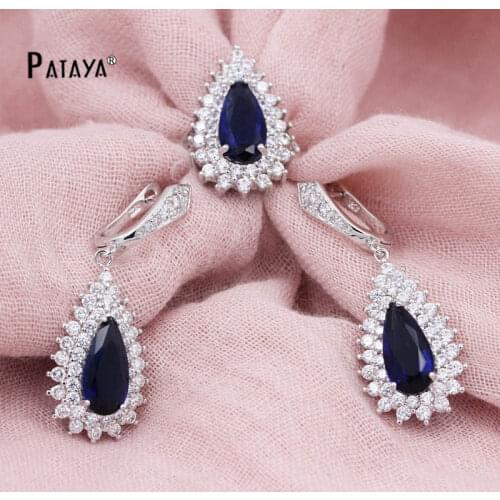 PATAYA Women Sunshine Wedding Jewelry Set True White Gold Vintage Jewelry Dark Blue Water Drop Natural Zircon Earrings Ring Sets