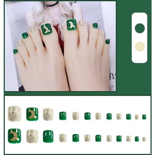 High Q 24 PCS Square Fake Toenails with Moon Decor Adhesive/Wearable Nails Extension for Toe Nail Artist Green & Slivery