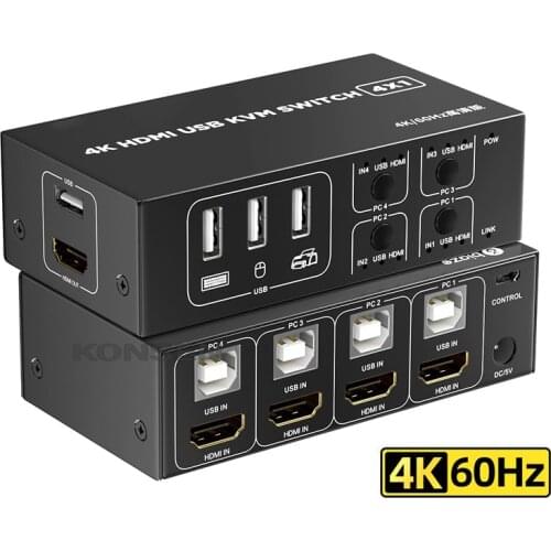 4 port Hdmi-compatible KVM Switch USB KVM Switcher Box Selector 4 in 1 out 4KX2K/60HZ for PC laptop HD mouse keyboard sharing