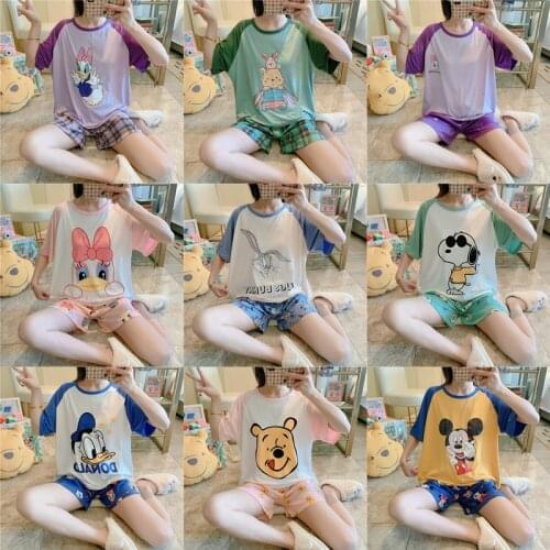 Disney Summer Pajama Sets Mickey Robes Kawaii Clothes Casual Nightgowns Cartoon Robe 2 Piece Pajamas Sleepwear Mickey Mouse