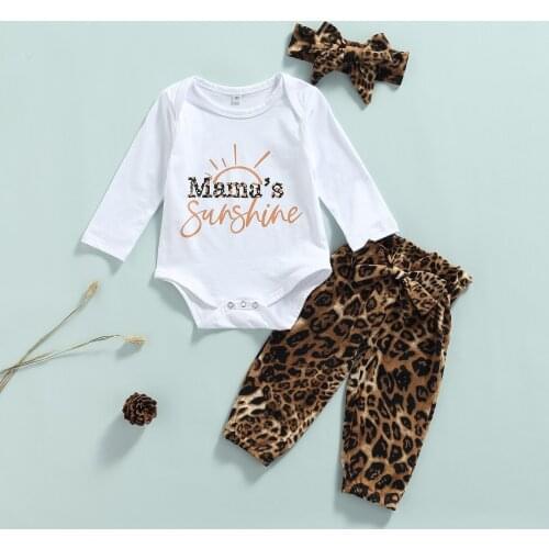 2021 Fashion Baby Girl’s Clothes Fashion Letter Long Sleeve Romper Leopard Long Pant with Headband 3pcs Sets Spring Fall Outfits