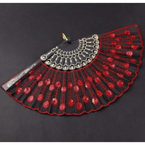 Fashion Peacock Sequin Dance Fan Square Dance Fan Decorative Fans Plastic Cloth Folding Hand Dance Props Decoration For Parties