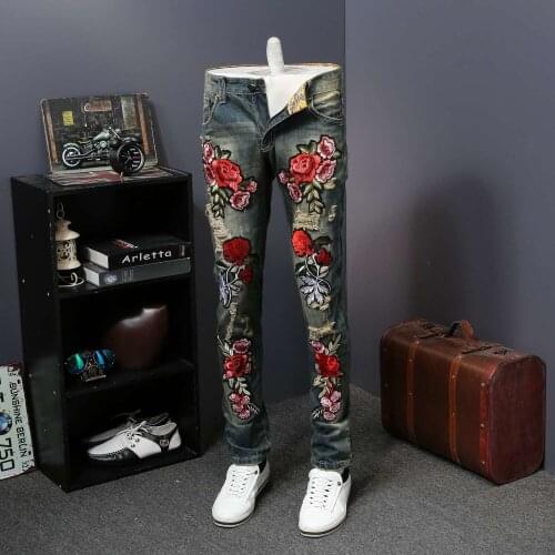 Hip Hop Denim Pants Men Trousers 2019 Fashion Flower Embroidery Men Jeans Summer New Skinny Jeans Men Casual Slim Fit Blue