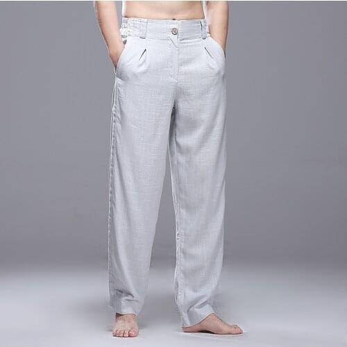 Mens Linen Trousers Loose Large Size Casual Plain Straight Pants Casual H93