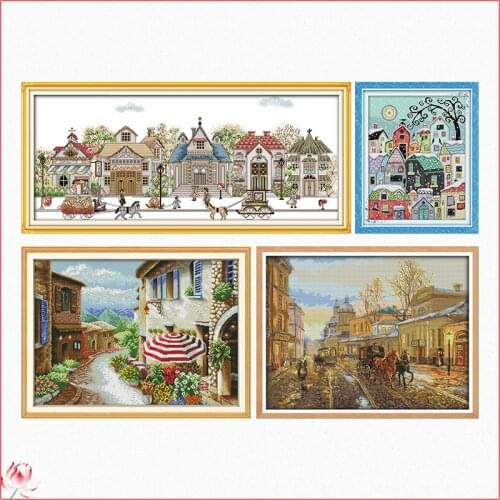 City Street Scenery Pattern Cross Stitch Kit 11CT 14CT Count Printed Fabric Embroidery DIY Needlework Sewing Home Decoration