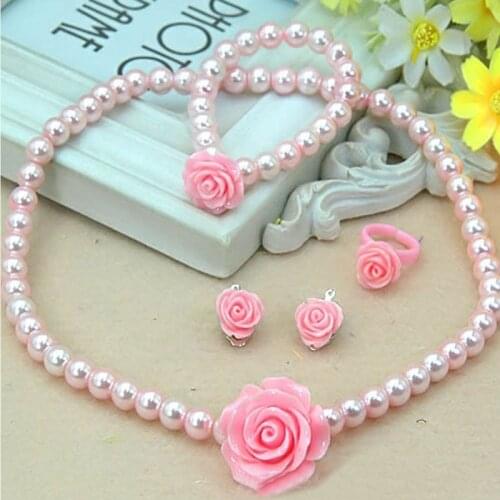 The New Fashion Imitation Pearls Girls Child Necklace Set Rose Flower Shape Resin Jewelry Set Gift Wholesale