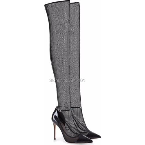 New Arrivals Black Lace Sexy High Heel Pumps Over The Knee Mesh Boots Summer Women Shoes Party Autumn Long Sock Boots