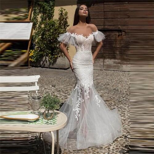 Sheer Short Sleeves Lace Appliques Mermaid Wedding Dress Fishtail Slim Fitted 2020 New Sexy Bridal Gowns Tulle Lace Spring