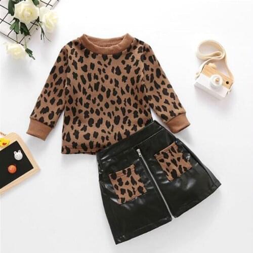 2020 Autumn Kids Baby Girls Clothes Set Leopard Pullovers Sweatshirts Tops + PU Leather Skirts Sets Children Outfits