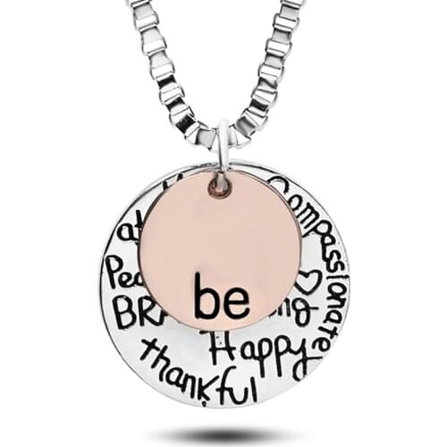 2 Pendants Necklace Letter Be Kind Peace Free True Brave Strong Happy Thankful Graffiti Compassionate Women Coin Necklace