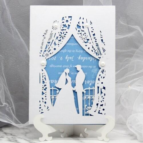 50pcs/lot Laser cut wedding invitation white elegant groom and bride invitation card wedding party supplies