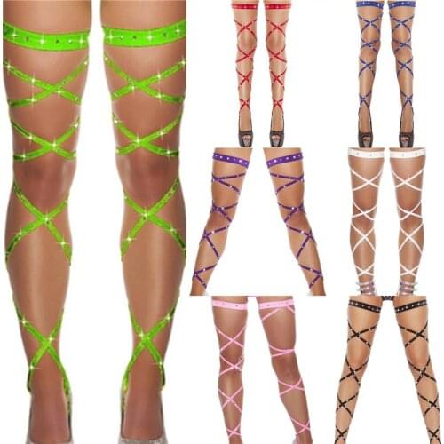 Sexy Women Bandage Fishnet Stockings Thigh-High Crystal Studded Thigh High Leg Rave Wraps Strappy Rhinestone Tights