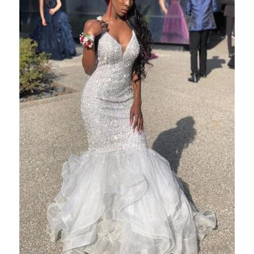 Mermaid Beaded Prom Dresses V Neck Criss Cross Straps Sequined Evening Gowns Tiered Plus Size Organza Sweep Train Formal Dress