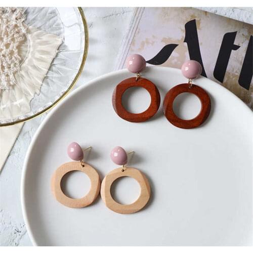 Earrings Fashion Round Wood Women Drop Jewelry Bohemian Pendant