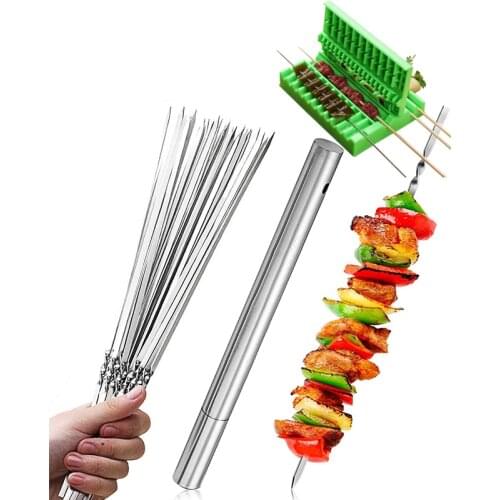 Stainless Steel Barbecue Skewer Reusable Grill Skewer Kitchen BBQ Camping Accessories Tools for Indoor Outdoor Charcoal Grill