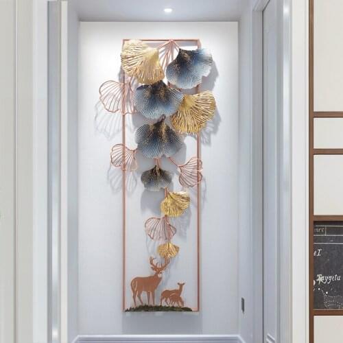 Nordic Wrought Iron Deer Ginkgo Leaf Wall Mural Home Background Wall Sticker Crafts Lobby Hotel Store Wall Hanging Decoration