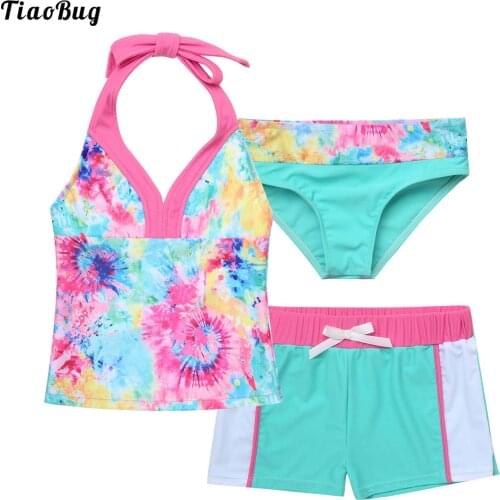 TiaoBug 3Pcs Kids Girls Summer Swimming Clothes Set Sleeveless Halter Neck Top Elastic Waistband Bowknot Shorts With Briefs