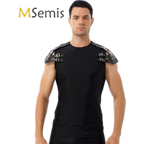 Mens Gothic Punk Short Sleeve Tops Tees for Music Festival Patent Leather Clubwear Shoulder Armour T-shirt Round Neck Tops