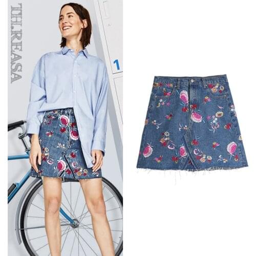 Women Fashion Street Jeans Womens Denim Skirt Flower Embroidery High Waist Wash Denim Medium Skirt