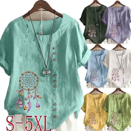 Womens New Fashion Summer Printed Round Neck Short Sleeve T-shirt Casual Loose Solid Color Blouse Tops Plus Size