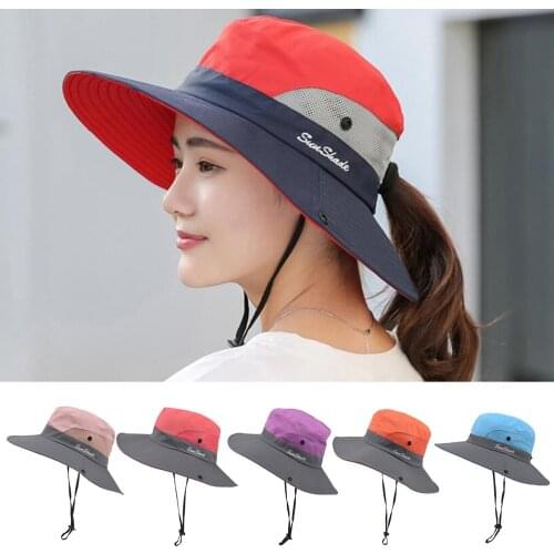 Ponytail Womens Summer Sun Bucket Hats UV Protection Safari Hiking Wide Brim Beach Foldable Mesh Cap For Fishing Hiking Cyling