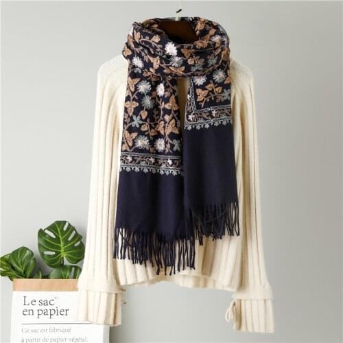 Women Embroidery Pashmina Cashmere Scarf 2021 Autumn Winter New Warm Tassels Scarf Long Size Shawl Fashion Shawl Scarves