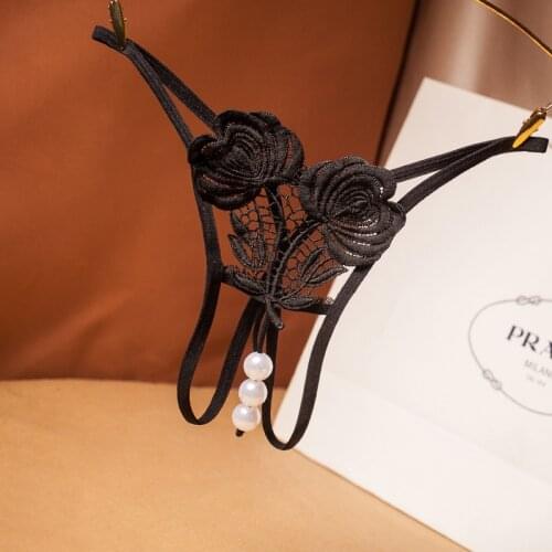 Embroidery Women Thongs And G Strings Lace Open Crotch Panties With Pearls For Sex Transparent Underwear Erotic Lingerie