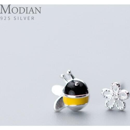 Modian Genuine 925 Sterling Silver Insect Bee Enamel Flower Stud Earrings for Women Small Cute Fashion Jewelry Gifts Pendientes