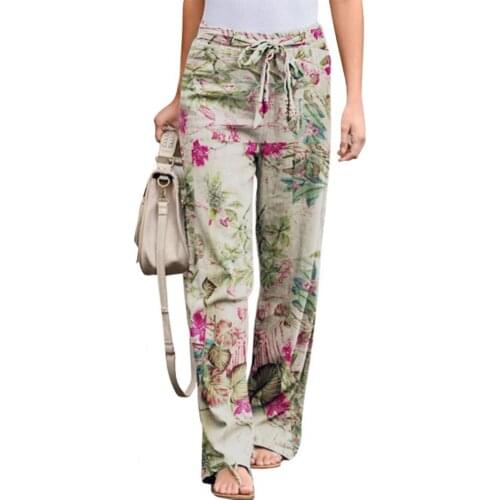 2021 Casual Women Pants Skin-friendly Comfortable Floral Print Drawstring Trousers Mid Waist Straight Leg Loose Pants for Sports