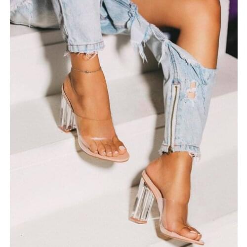 2019 Summer Women Block Fetish 6.5cm High Heels Yellow Mules Transparent Thick Sandals Female Pumps Clear Low Heels Green Shoes