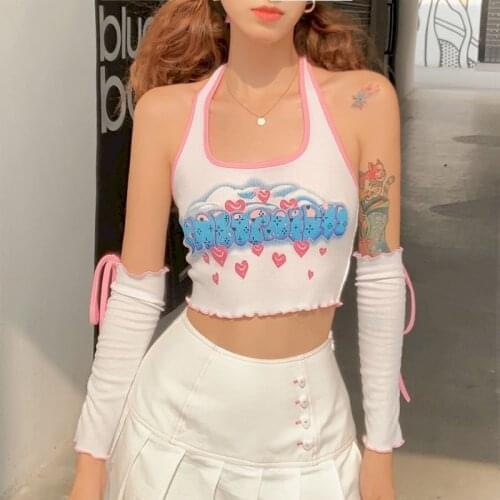 Harajuku Chic Vest Sweetheart Girl Lace Hanging Neck Suspender Sleeves Love Print Cute Kawaii Female All-match Tank Crop Top