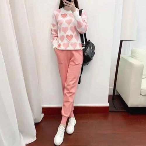 New Autumn Knitted WomenSuit Heart Sharp O-neck Long Sleelve Beading Pullover sweater + Pencil Pants Two Piece Set Women