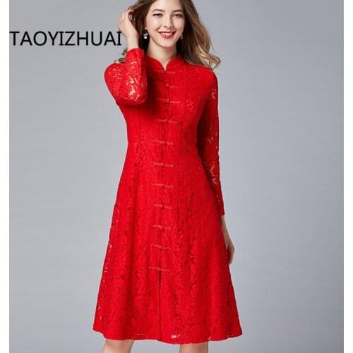 TAOYIZHUAI 2019 New Arrival Spring Chinese style large size red lace cheongsam dress Casual slim elegant ladies dress 16216