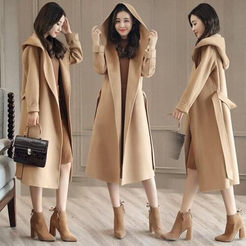Autumn Winter Coat Women 2017 fashion New Medium-long Hooded Slim Lace-up Solid color style Woolen Jacket Overcoat Female A